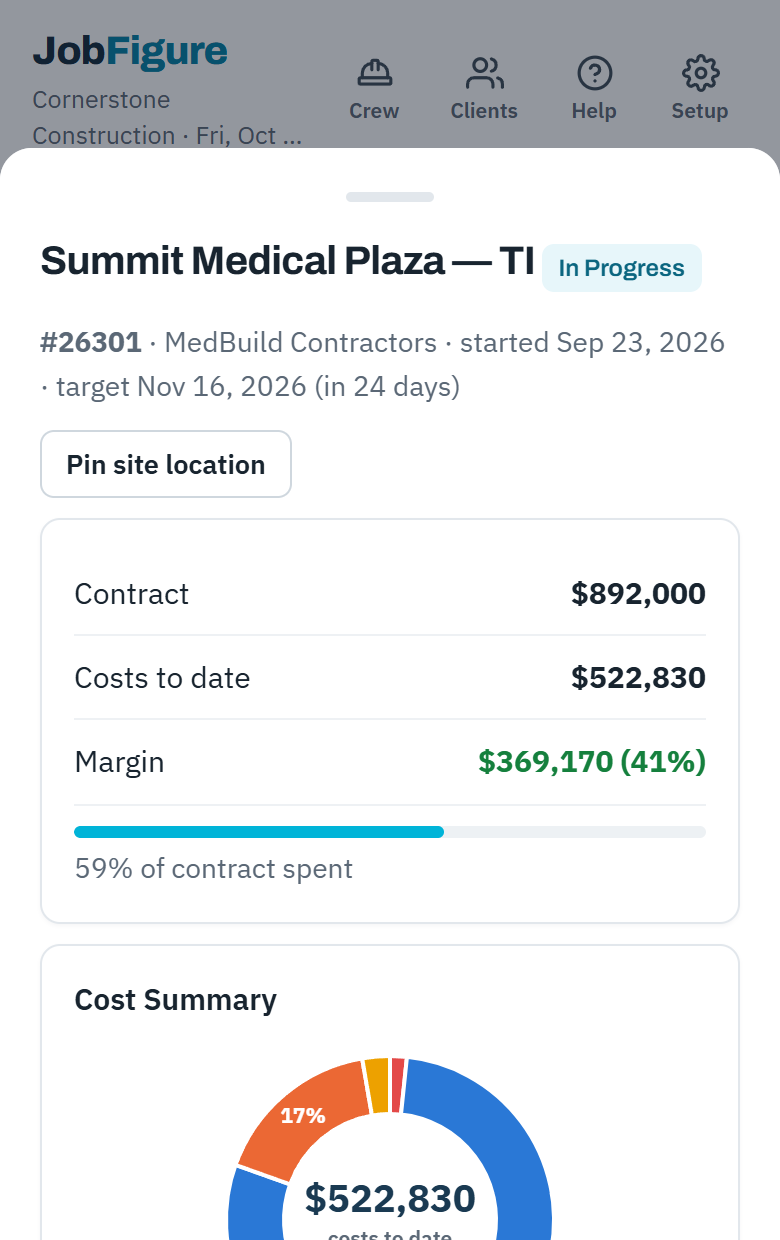 JobFigure on a phone: a polishing job with contract, costs to date, and a 31% margin